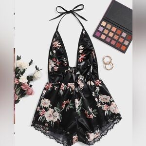 Floral Lace Trim Black Teddy Romper